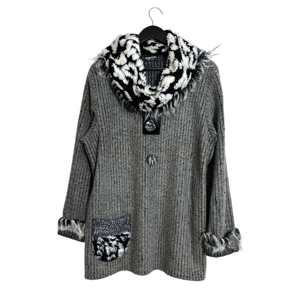 LEE ANDERSEN Gray Sweater with Fuzzy Trim and Patterned Cowl Large Vintage